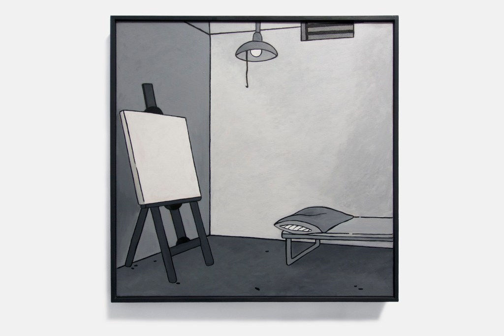 Grey scale cartoon-like painting of art studio interior with blank canvas on easel, light bulb in shade and fold-out bed with pillow.